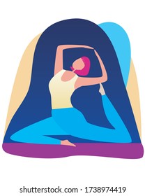 Yoga asan demonstrated by an adult girl or teenager with pink hair as a concept of flexibility and plasticity. Stock vector flat illustration of a graphic or graphic and yoga asana on the floor