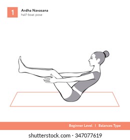 Yoga asana Ardha Navasana (half-boat pose) - beginner level, vector editable illustration