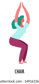 Yoga asana, chair exercise, sport or fitness, isolated female character vector. Woman in half sit-up position, workout and meditation. Girl and oriental culture, balance and physical activity