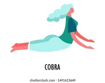 Yoga asana, cobra pose, sport or fitness, isolated female character vector. Woman lying on floor and arching or bending back, workout and stretching. Girl and oriental physical activity, exercise