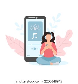 Yoga asana concept. Girl sitting in asana and listening meditate music. Cute cartoon style.