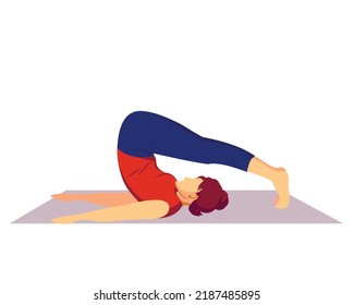 yoga  Asana    plow position  lying the back  legs behind the head  Woman in yoga pose the carpet  Yoga classes  Yoga vector illustration isolated white background 