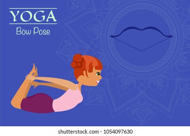 Yoga. Asana is the pose of the bow. A graphic illustration of the exercise. Girl and bow. Blue background with mandala. Vector