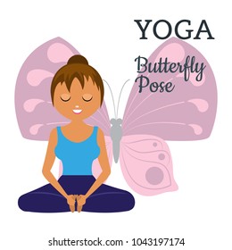 Yoga. Asana is the pose of the butterfly. A graphic illustration of the exercise. Girl and butterfly. Vector