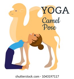 Yoga. Asana is the pose of a camel. A graphic illustration of the exercise. The girl and the camel. Vector