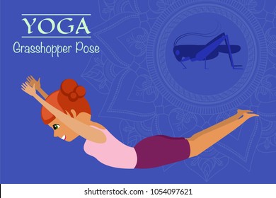 Yoga. Asana is the pose of the grasshopper. A graphic illustration of the exercise. Girl and grasshopper. Blue background with mandala. Vector