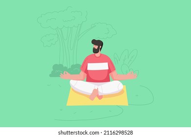 Yoga asana praktiziert ein modernes Flachkonzept. Der Mensch sitzt in Lotusposition und meditiert. Junge Junge atmet und beruhigt den Geist, während sie auf Matte sitzen. Vektorgrafik mit Menschen-Szene für Webbanner-Design