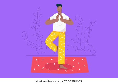 Yoga asana practice modern flat concept. Man trains body while standing in tree pose on mat. Athlete doing strength workout outdoors. Vector illustration with people scene for web banner design