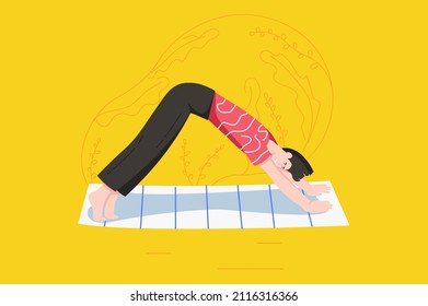 Yoga asana practice modern flat concept. Woman is standing in Downward Dog pose on mat. Young girl exercising and stretching outdoors. Vector illustration with people scene for web banner design