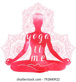 Yoga asana, relaxation and meditation. Watercolor Silhouette