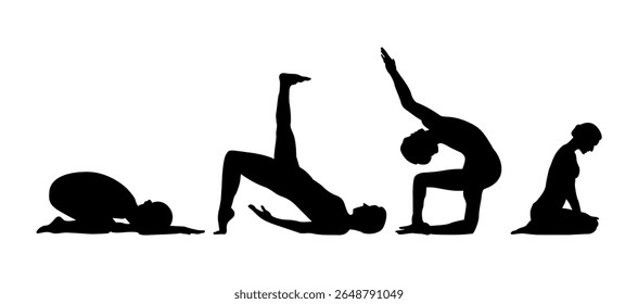Yoga asana set. Set of famale silhouettes exercising yoga. Hand drawn sketch vector illustration isolated on white background. Yoga Silhouette, Yoga Poses Silhouette Set for Wellness Products.
