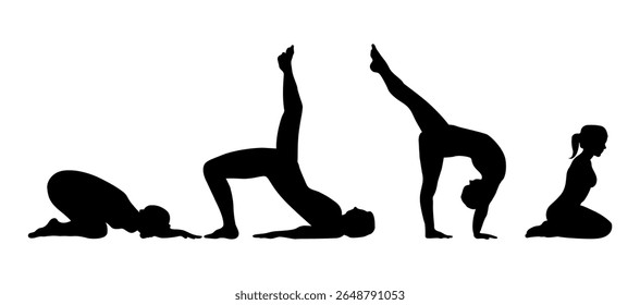 Yoga asana set. Set of famale silhouettes exercising yoga. Hand drawn sketch vector illustration isolated on white background. Yoga Silhouette, Yoga Poses Silhouette Set for Wellness Products.