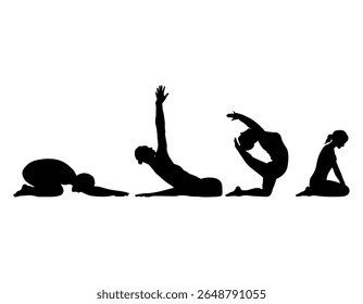 Yoga asana set. Set of famale silhouettes exercising yoga. Hand drawn sketch vector illustration isolated on white background. Yoga Silhouette, Yoga Poses Silhouette Set for Wellness Products.