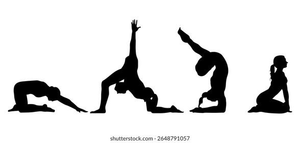 Yoga asana set. Set of famale silhouettes exercising yoga. Hand drawn sketch vector illustration isolated on white background. Yoga Silhouette, Yoga Poses Silhouette Set for Wellness Products.