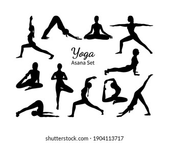 Yoga asana set. Set of female silhouettes exercising yoga. Hand drawn sketch vector illustration isolated on white background