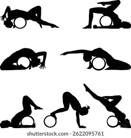 Yoga asana Set of Female Silhouttes exercising yoga Hand drawn sketch vector illustration gym workout
