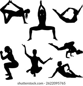 Yoga asana set Set of Female Silhouttes exercising yoga Hand drawn sketch vector illustration