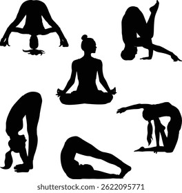 Yoga asana Set of Female Silhouttes exercising yoga Hand drawn sketch vector illustration
