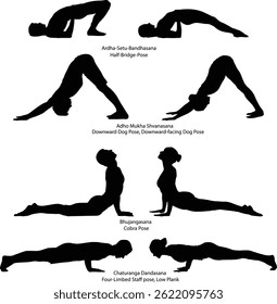 Yoga asana Conjunto de Silhuetas Masculinas e Femininas exercitando ioga Mão desenhado esboço vetor ilustração