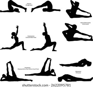 Yoga asana Set of Male and Female Silhouttes exercising yoga Hand drawn sketch vector illustration