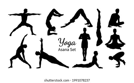 Yoga Asana Set. Set Of Male Silhouettes Exercising Yoga. Hand Drawn Sketch Vector Illustration Isolated On White Background