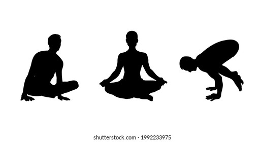Yoga asana set. Set of male silhouettes exercising yoga. Hand drawn sketch vector illustration isolated on white background