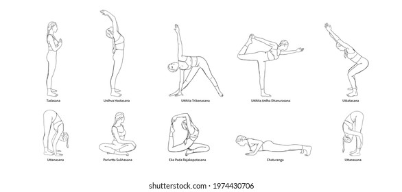 Yoga asana set performed by woman. Yoga poses with inscriptions. Sketch vector illustration