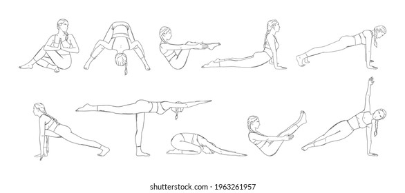 Yoga asana set with woman in different poses. Yogi girl full body workout including core muscles, legs and arms. Sketch vector illustration isolated in white background