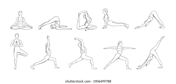 Yoga asana set. Set of woman exercising yoga illustrations. Hand drawn sketch vector illustration isolated on white background