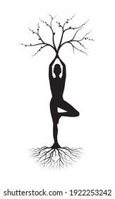 Yoga Asana Silhouette, Tree Pose Isolated On The White Background. Tree Symbol With Crown And Roots, Eps 10