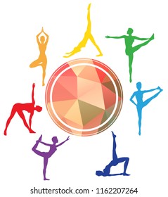 Yoga asana Silhouettes around the sport studio logo.