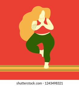 Yoga asana vector illustration. Body positive woman. Plus size model