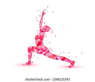 Yoga asana virabhadrasana. Warrior pose. Silhouette of pink rose petals