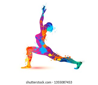 Yoga asana virabhadrasana. Warrior pose. Silhouette of watercolor splash paint