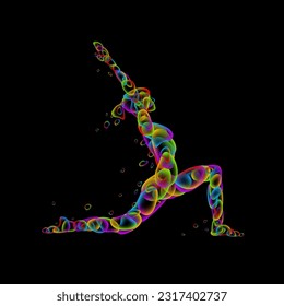 Yoga asana virabhadrasana. Warrior pose. Vector silhouette of rainbow bubbles on black background