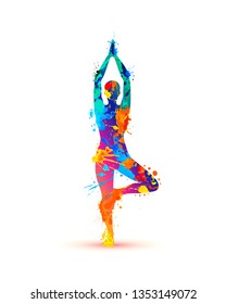 Yoga asana vrikshasana. Tree pose. Silhouette of watercolor splash paint