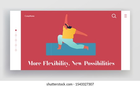 Yoga Asana Website Landing Page. Fat Woman Training. Female Character Doing Lunge with Hands Rising Up Side View, Sport and Active Healthy Lifestyle Web Page Banner. Cartoon Flat Vector Illustration