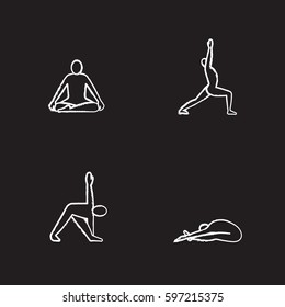 Yoga asanas chalk icons set. Siddhasana, virabhadrasana, trikonasana, paschimottasana yoga positions. Isolated vector chalkboard illustrations