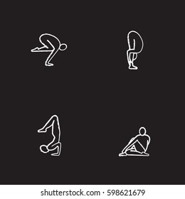 Yoga asanas chalk icons set. Bakasana, uttanasana, vrishchikasana, ardha matsyendrasana yoga positions. Isolated vector chalkboard illustrations