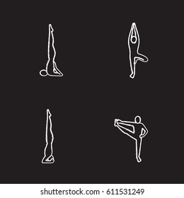 Yoga asanas chalk icons set. Sarvangasana, vrikshasana, salamba sirsasana, utthita hasta padangusthasana yoga positions. Isolated vector chalkboard illustrations