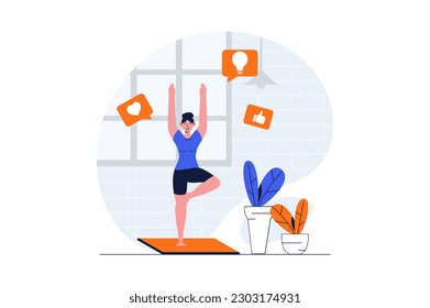 Yoga asanas concept with character scene. Woman practising yoga postures, stretching and training strong body. People situation in flat design. Vector illustration for social media marketing material.