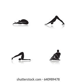 Yoga asanas drop shadow black glyph icons set. Paschimottanasana, halasana, adho mukha svanasana, ardha matsyendrasana yoga positions. Isolated vector illustrations