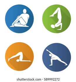 Yoga asanas flat design long shadow icons set. Ardha matsyendrasana, vrishchikasana, halasana, utthita parsvakonasana yoga positions. Vector silhouette illustration