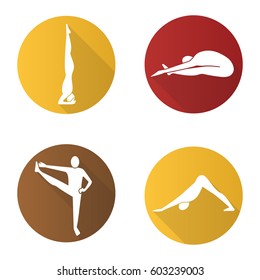 Yoga asanas flat design long shadow icons set. Salamba sirsasana, paschimottanasana, utthita hasta padangusthasana, adho mukha svanasana. Yoga positions. Vector silhouette illustration