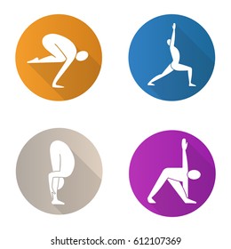 Yoga asanas flat design long shadow icons set. Bakasana, virabhadrasana, uttanasana, trikonasana yoga positions. Vector silhouette illustration