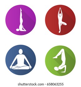 Yoga asanas flat design long shadow glyph icon. Sarvangasana, vrikshasana, siddhasana, vrishchikasana yoga positions. Vector silhouette illustration