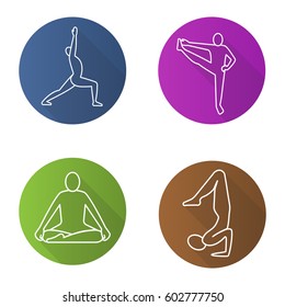 Yoga asanas flat linear long shadow icons set. Virabhadrasana, siddhasana, vrishchikasana, utthita hasta padangusthasana yoga positions. Vector line illustration