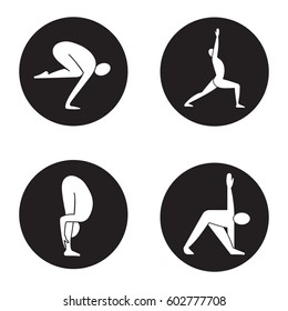 Yoga asanas icons set. Bakasana, virabhadrasana, uttanasana, trikonasana yoga positions. Vector white silhouettes illustrations in black circles
