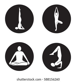 Yoga asanas icons set. Sarvangasana, vrikshasana, siddhasana, vrishchikasana yoga positions. Vector white silhouettes illustrations in black circles