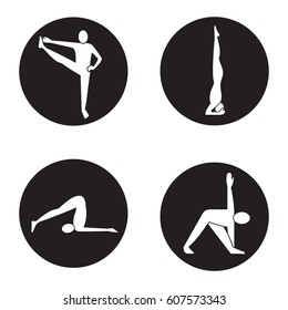 Yoga asanas icons set. Utthita hasta padangusthasana, salamba sirsasana, halasana, trikonasana yoga positions. Vector white silhouettes illustrations in black circles